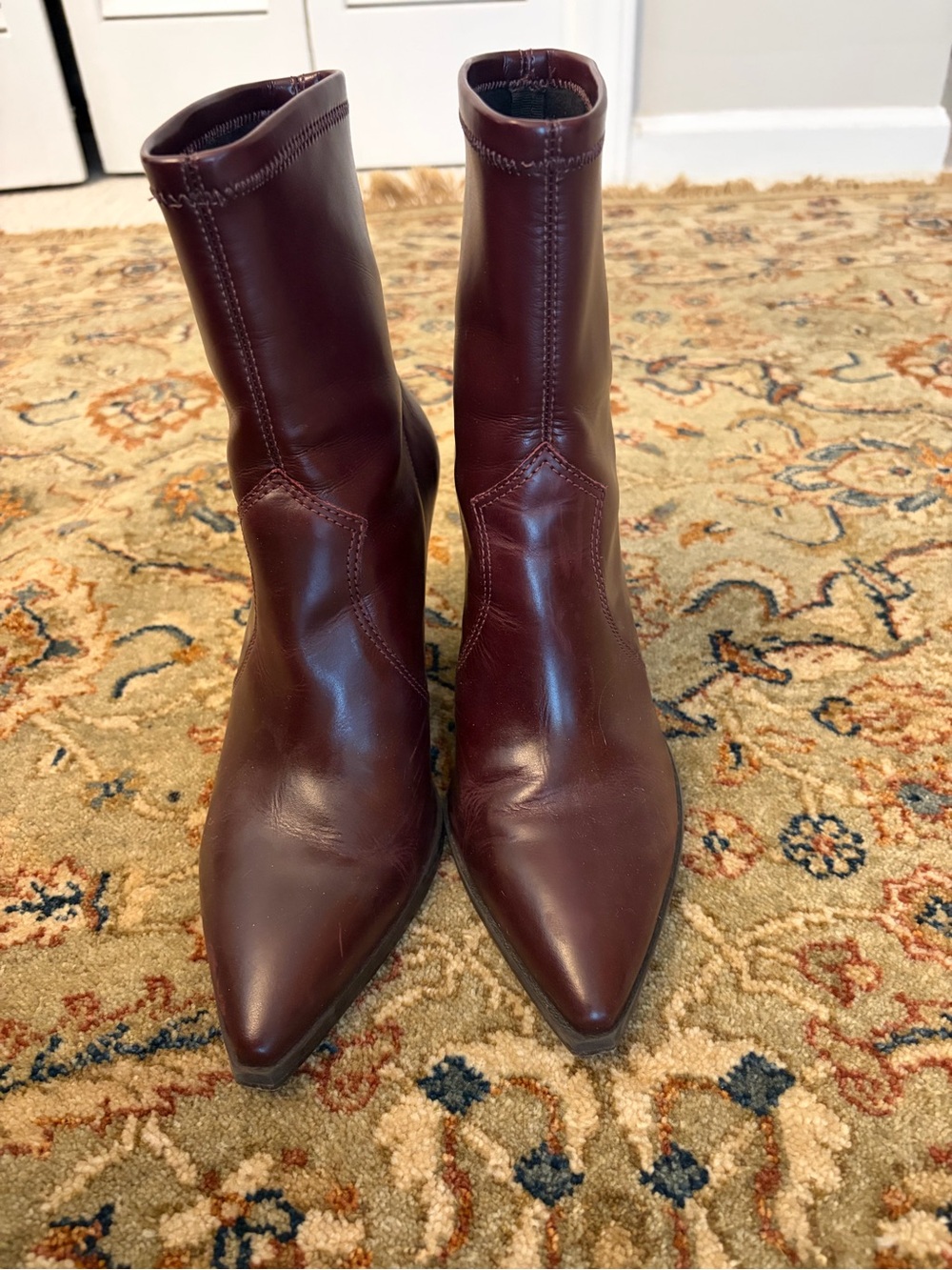 Vince Camuto Burgundy Pointed-Toe Mid-Calf Leather Boots